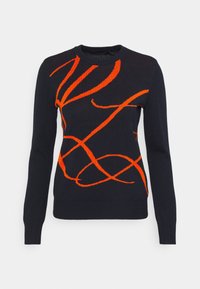 Knitted sweater in navy blue with abstract orange pattern. Crew neck, long sleeves, ribbed cuffs and hem. Soft texture, lightweight design.