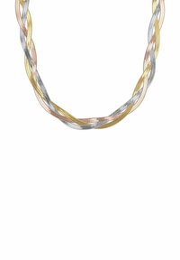 Collana a catena tripla intrecciata con anelli in oro, oro rosa e argento, di stile serpente su uno sfondo bianco.