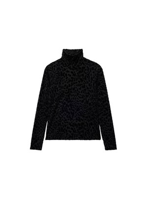 Pull noir à col montant, avec un motif léopard texturé, des manches longues et une coupe décontractée, fabriqué en tissu doux.