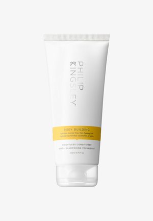 Weißes Plastikröhrchen mit dem Philip Kingsley Body Building Weightless Conditioner, mit gelber Beschriftung und grauem Branding, 200 ml.