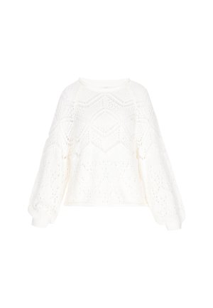 Biały sweter z dzianiny z geometrycznym wzorem, szerokimi rękawami i żeberkowym dekoltem. Tekstura jest lekka i przewiewna.