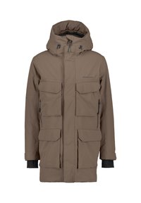 Brun vandtæt parka med aftagelig hætte, flere lommer foran og justerbare manchetter. Har en glat tekstur og et elegant design.