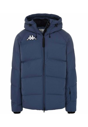 Giacca a vento blu navy con cappuccio, chiusura zip e logo Kappa. Presenta un design trapuntato e polsini elasticizzati per calore e comfort.
