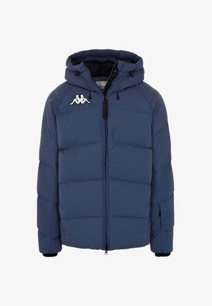 Giacca a vento blu navy con cappuccio, chiusura zip e logo Kappa. Presenta un design trapuntato e polsini elasticizzati per calore e comfort.