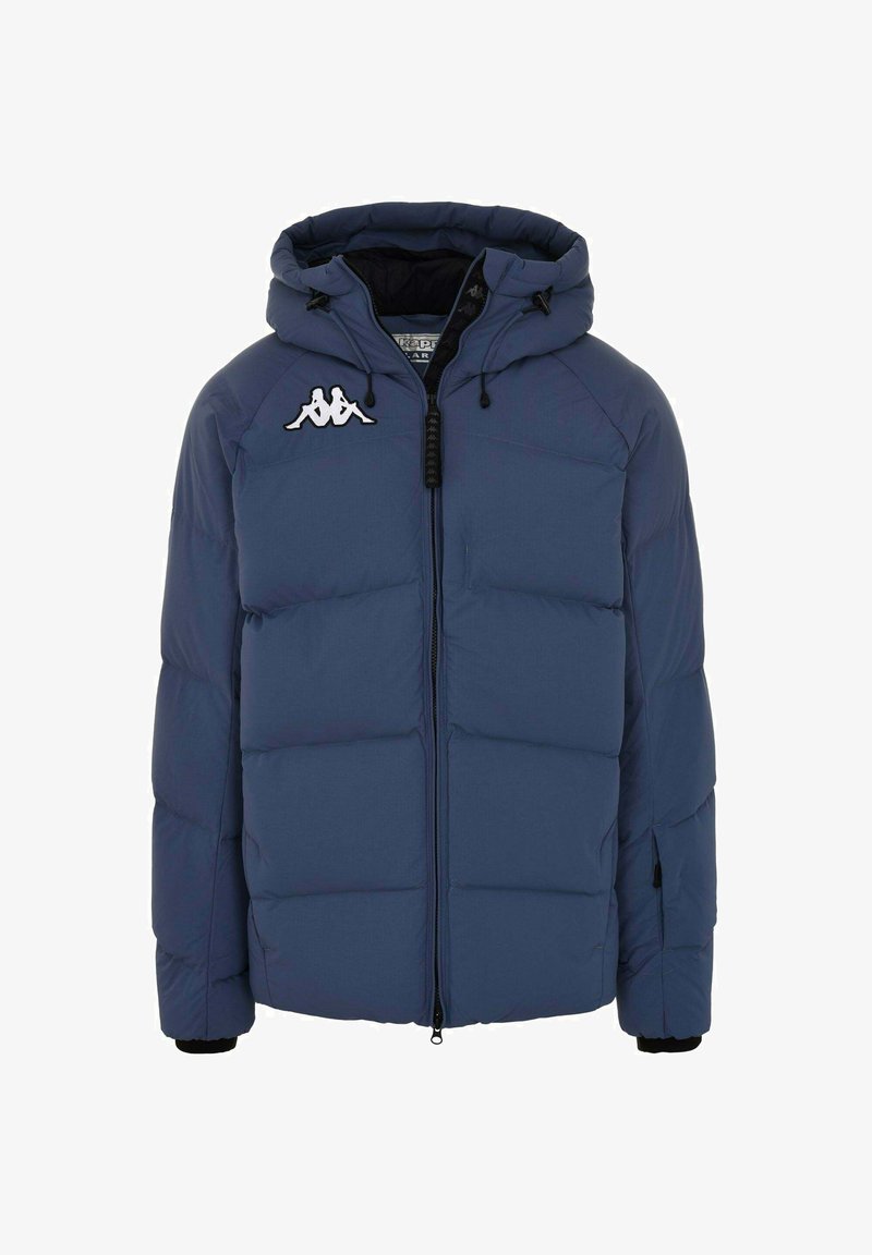 Giacca a vento blu navy con cappuccio, chiusura zip e logo Kappa. Presenta un design trapuntato e polsini elasticizzati per calore e comfort.