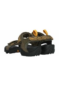 Brown and olive green sandals with patterned textile straps and black rubber soles; features adjustable straps and a heel pull tab.