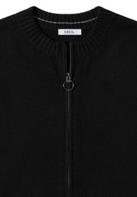 Černá mikina na zip vyrobená z jemné tkaniny. Má žebrovaný límec a kovový zip s kulatým táhlem. Štítek nese nápis "CECIL."