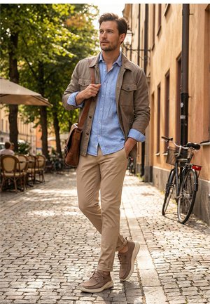 Hombre caminando por una calle empedrada con una bicicleta cerca, vistiendo una camisa azul claro, chaqueta marrón, pantalones beige y llevando un bolso de cuero marrón al hombro.
