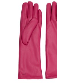 Rosa läderhandskar med en slät yta, som har fem fingrar och en modern design. Varumärket "NALI" är präglat nära muddarna.