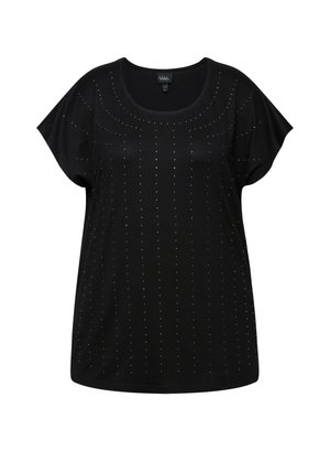 Top nero a maniche corte con scollo rotondo, caratterizzato da un motivo di piccoli dettagli lucidi disposti in linee verticali sul tessuto.