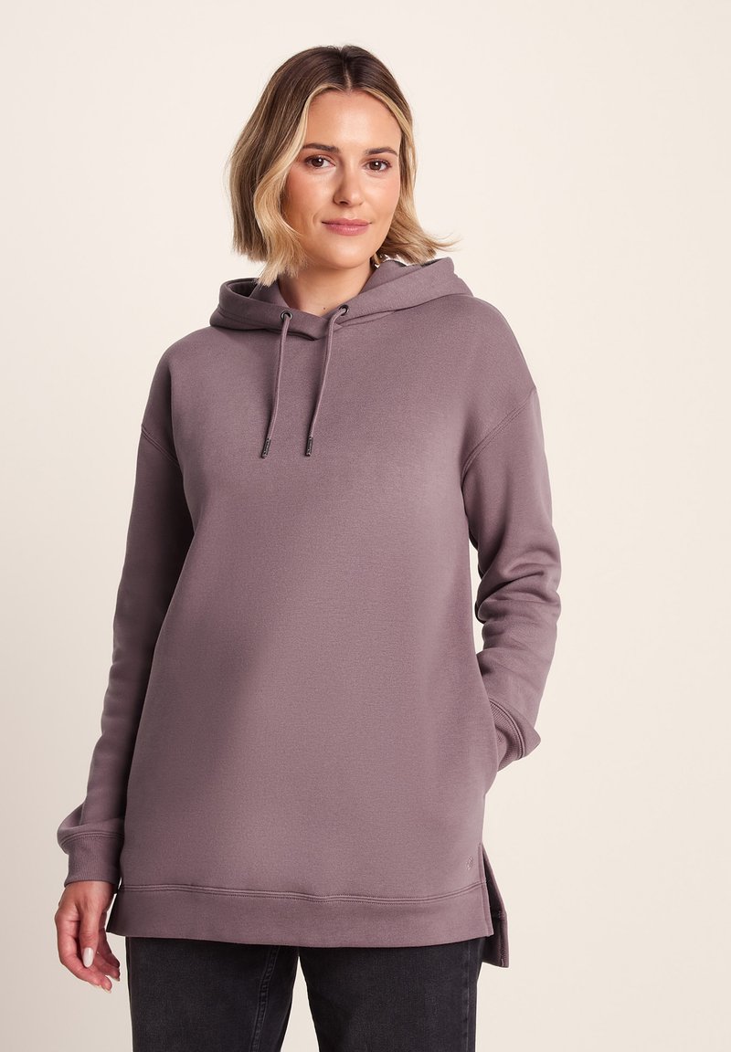 Long-sleeve hoodie in soft purple fabric, featuring a drawstring hood, front pockets, and ribbed cuffs and hem. Casual, relaxed fit.