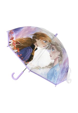 Regenschirm mit einer Illustration von zwei Charakteren in helllila Akzenten. Das Dach zeigt ein durchscheinendes Design mit schneebedeckten Mustern.