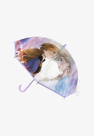Ombrello con un'illustrazione di due personaggi con accenti di colore viola chiaro. Il telo presenta un design traslucido con motivi innevati.