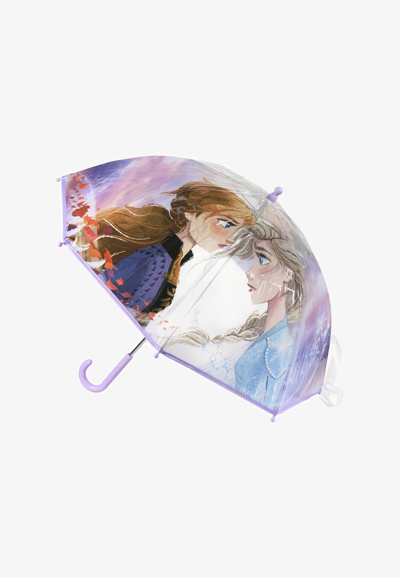 Paraplu met een illustratie van twee figuren met licht paarse accenten. Het doek toont een translucente indeling met sneeuwachtige patronen.