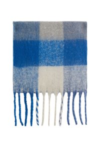 Scarf i ullblandning med ett rutigt mönster i blått och grått samt knutna fransar. Mjuk textur med varierande nyanser av blått och vitt.