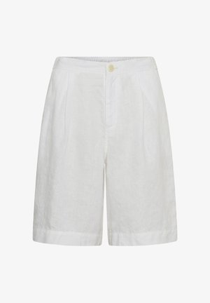 Weiße Leinen-Shorts in knielanger, hoch taillierter Ausführung mit vorderer Knopföffnung und abgesteppten Saumdetails.