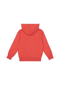 Felpa color corallo con cappuccio regolabile, polsini e fondo a coste. Tessuto morbido e texturizzato adatto per l'abbigliamento casual.