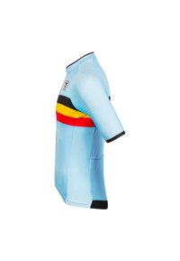 Light blue cycling jersey with short sleeves, featuring horizontal black, red, and yellow stripes across the chest and a zip collar.