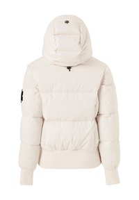 Giacca a vento leggera di colore beige chiaro con cappuccio. Presenta un design trapuntato, polsini a costine e un accento con logo nero sulla manica sinistra.