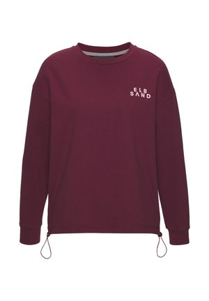 Bordeauxroter Pullover mit langen Ärmeln und Rundhalsausschnitt, kleinem weißem "ELBSAND"-Schriftzug auf der linken Brust und verstellbaren Kordeln am Saum.