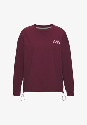 Burgundski pulover z dolgimi rokavi in okroglim izrezom, na levi strani prsnega koša majhen bel napis "ELBSAND" ter nastavljivi trakovi nad robom.