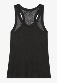 Ermeløs svart tank topp med en tettsittende design, laget av mykt, teksturert stoff. Har en bred halslinning og racerback-stil.