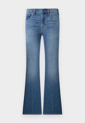 Jean en denim bleu taille haute, avec poches avant, fermeture à bouton et glissière, et jambes évasées.