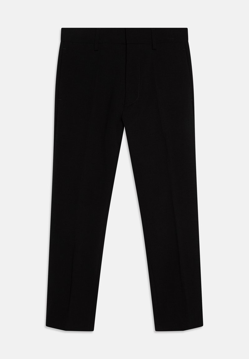 Svart skräddarsydda byxor i slätt tyg, med rak passform, framfickor och minimala sömdetaljer för en elegant look.