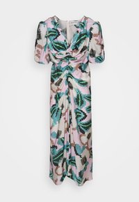 Vestido midi con mangas abullonadas, frente fruncido y un patrón abstracto de hojas en verde, azul verdoso, rosa, marrón y negro sobre un fondo claro.