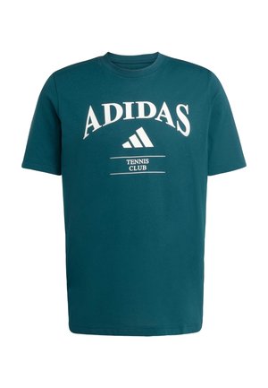 T-shirt à manches courtes teal avec le logo blanc "ADIDAS" et le texte "TENNIS CLUB". Fabriqué en coton doux, avec un design à col rond.