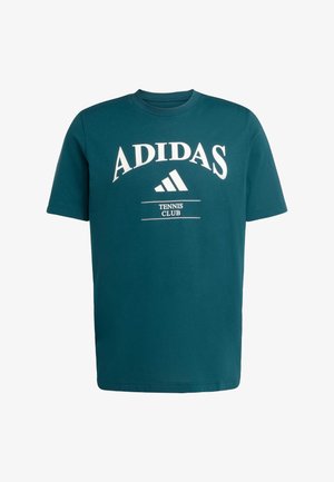 Teal short-sleeve t-shirt with white "ADIDAS" logo and "TENNIS CLUB" text. Made of soft cotton material, crew neck design.