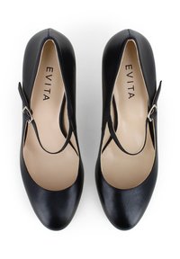 Scarpe eleganti nere in pelle con tacco alto, punta arrotondata, lati con tagli e cinturino alla caviglia regolabile. Interno con rivestimento beige. Marca: Evita.
