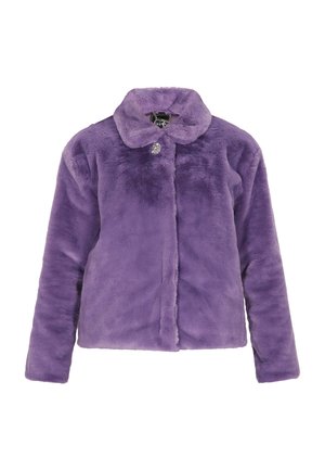 Jachetă din blană sintetică de culoare mov, cu guler, închidere cu butoane și mâneci lungi. Textură moale și culoare solidă, fără modele.