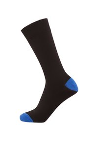 Black sock with a reinforced heel and toe in blue. Features a ribbed cuff at the top. Made of a smooth, textured fabric.