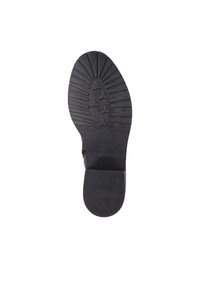 Semelle de chaussure noire en caoutchouc présentant un motif de bande de roulement texturé avec des stries et des grips triangulaires, marquée avec le logo "remonte" sur le côté.