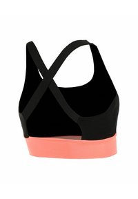 Sujeción deportiva negra con tirantes cruzados y una amplia banda elástica coral en la parte inferior, diseñada para el soporte y la comodidad.