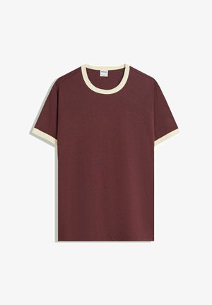 Bordeaux katoenen T-shirt met crèmekleurige ribbelboord en mouwen. Korte mouwen, relaxed fit en een gladde textuur.