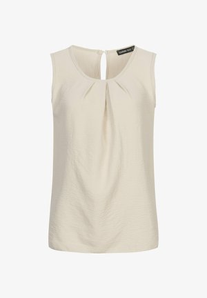 Mouwloze lichtbeige blouse met een geplisseerde voorkant, ronde halslijn en een keyhole sluiting aan de achterkant. Gemaakt van textiel met structuur.