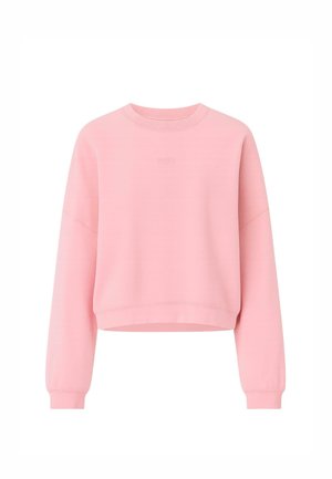 Sudadera corta rosa con escote redondo, mangas de hombro caído, textura suave y logotipo bordado sutil en el pecho.