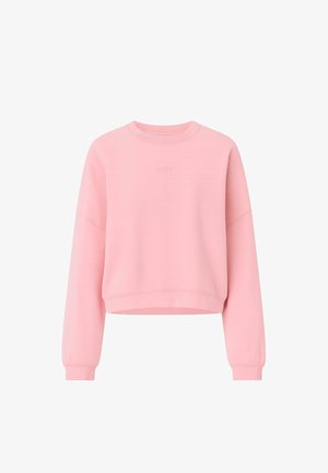 Sudadera corta rosa con escote redondo, mangas de hombro caído, textura suave y logotipo bordado sutil en el pecho.