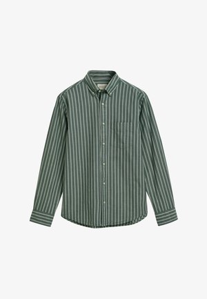 Camicia a maniche lunghe con colletto, a righe verdi, dotata di taschino sul petto. Le righe sono di una tonalità più chiara rispetto allo sfondo verde.