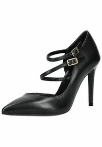 Escarpins noirs en cuir avec un bout pointu, double brides autour de la cheville et boucles en métal. Texture lisse avec un design épuré et moderne.