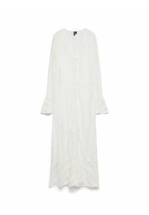 Bela midi obleka z dolgimi rokavi z vzorcem cvetličnega čipke, z gumbi spredaj, V-izrezom in rahlo razširitvijo na spodnjem robu.