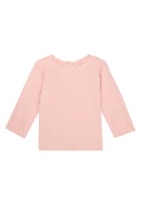 Helles rosa Langarmoberteil mit Rüschenausschnitt, besticktem Blumenmuster und elastischen Bündchen für zusätzlichen Textur und Detail.