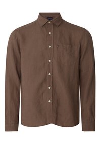 Hnědá lněná košile s dlouhým rukávem, skládacím límcem, přední kapsou a odpovídajícími knoflíky. Měkká textura s mírně pomačkaným vzhledem.
