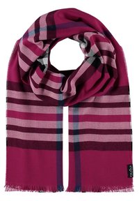 Écharpe rectangulaire avec un motif à carreaux rose, bordeaux et gris, bouclée de façon lâche, avec des bords frangés et une petite étiquette en tissu noire.