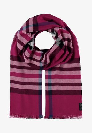 Écharpe rectangulaire avec un motif à carreaux rose, bordeaux et gris, bouclée de façon lâche, avec des bords frangés et une petite étiquette en tissu noire.