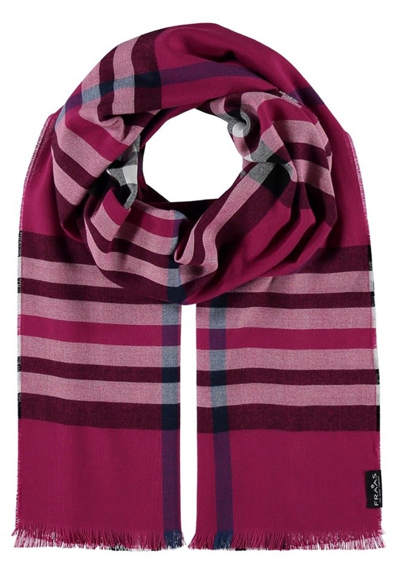 Écharpe rectangulaire avec un motif à carreaux rose, bordeaux et gris, bouclée de façon lâche, avec des bords frangés et une petite étiquette en tissu noire.