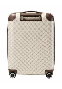 Walizka z twardą obudową o kremowym kolorze z powtarzającym się brązowym wzorem wachlarza, brązowymi akcentami i czterema czarnymi kółkami dla łatwości przemieszczania.