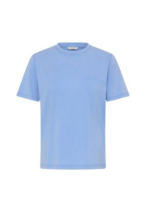 Sininen puuvillainen t-paita, jossa on pyöreä kaula-aukko, lyhyet hihat ja minimalistinen brändäys, jossa on sana "PERFECTION" hienovaraisessa painatuksessa.